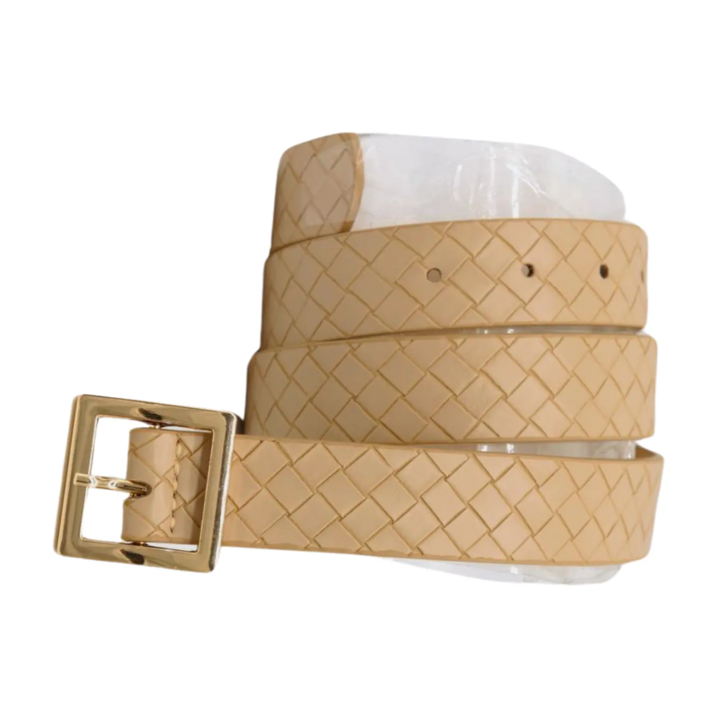 Women Beige Basket Weave Belt Gold Metal Square Buckle Fit S M