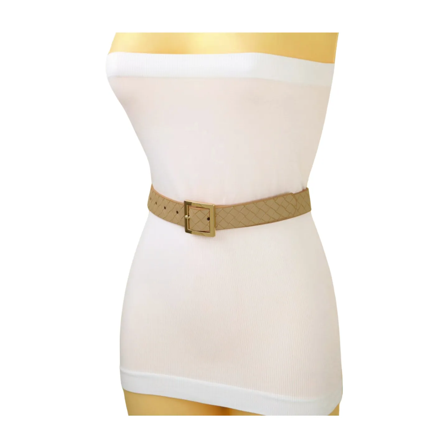 Women Beige Basket Weave Belt Gold Metal Square Buckle Fit S M