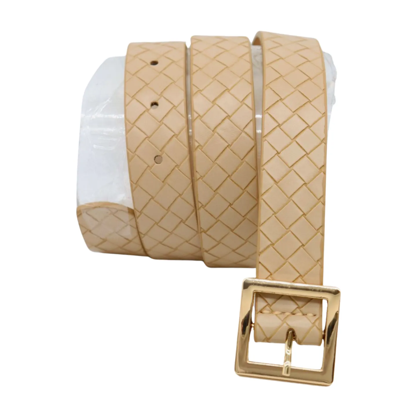 Women Beige Basket Weave Belt Gold Metal Square Buckle Fit S M