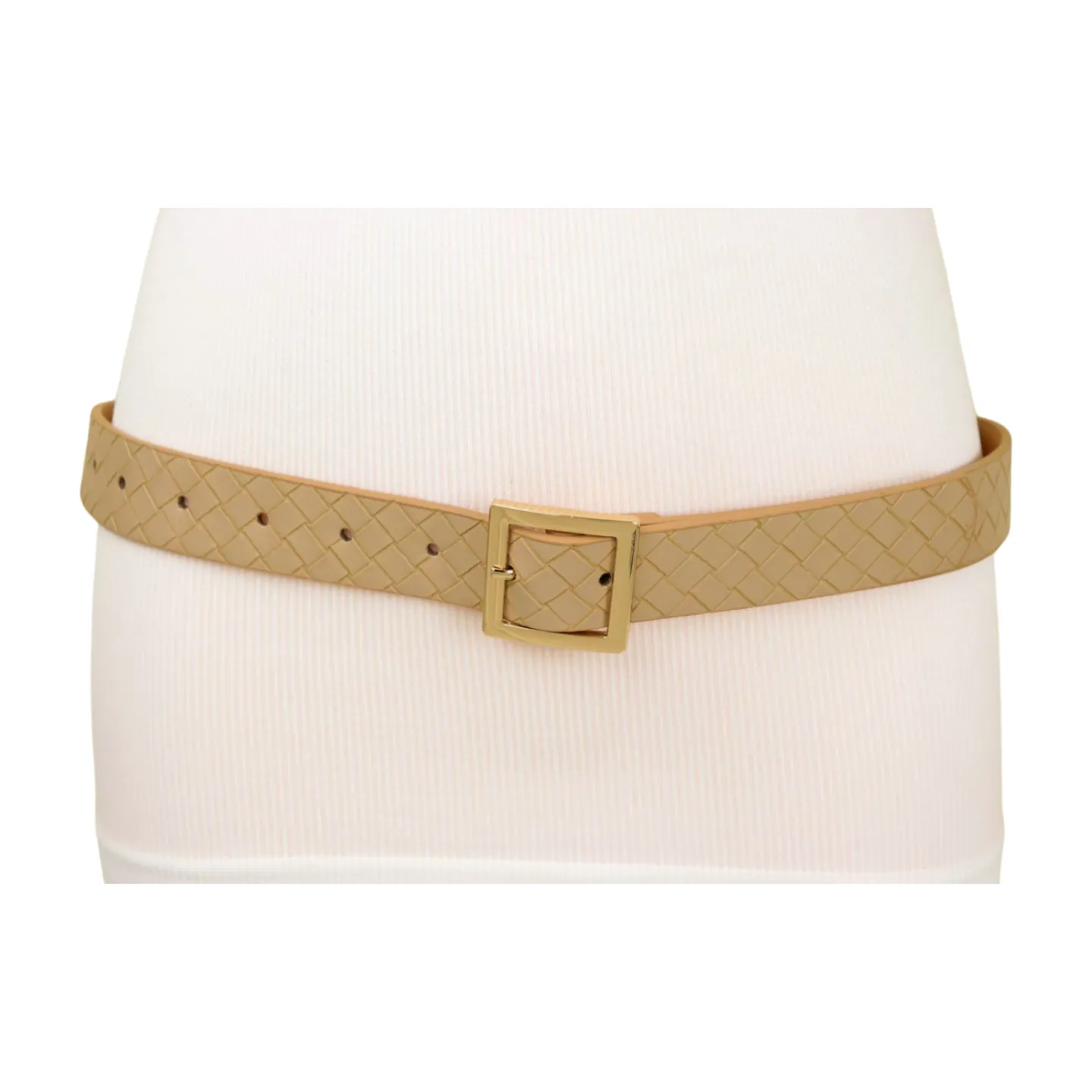 Women Beige Basket Weave Belt Gold Metal Square Buckle Fit S M
