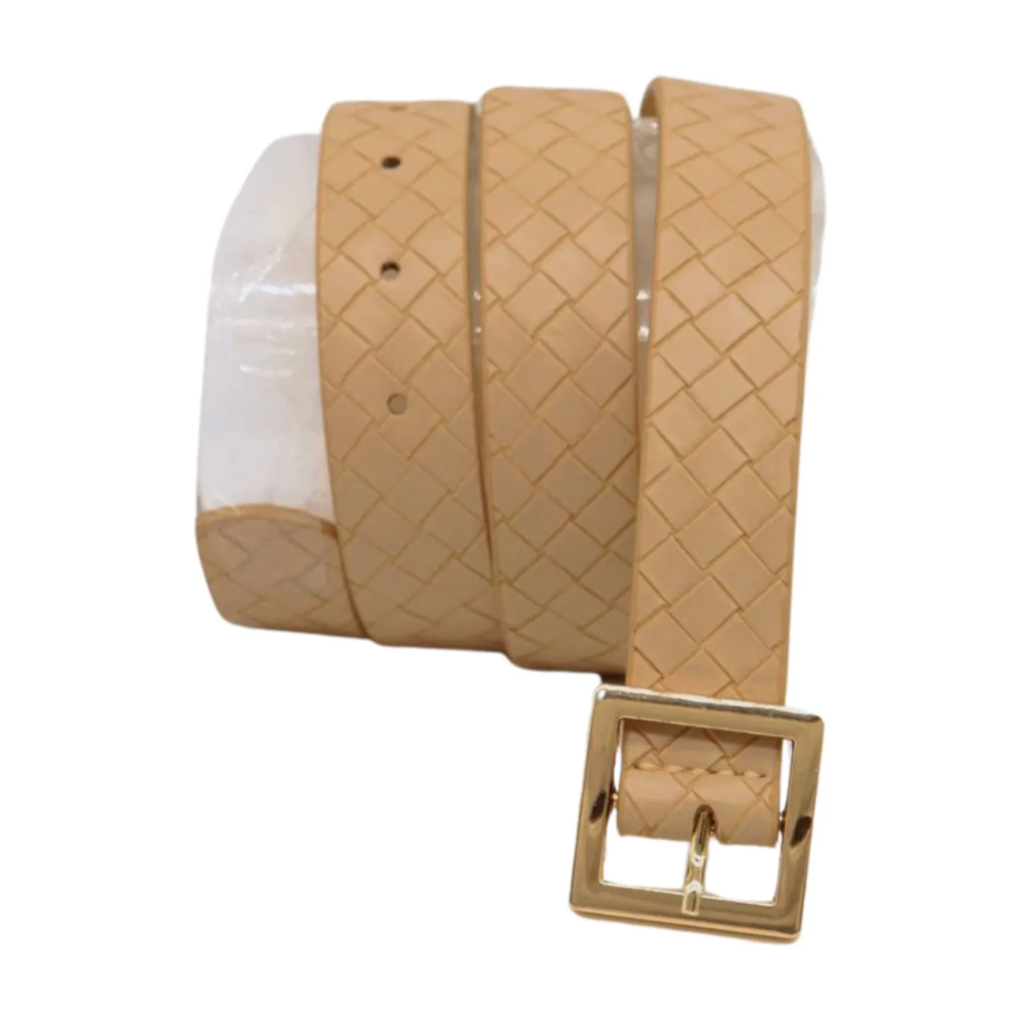 Women Beige Basket Weave Belt Gold Metal Square Buckle Fit S M