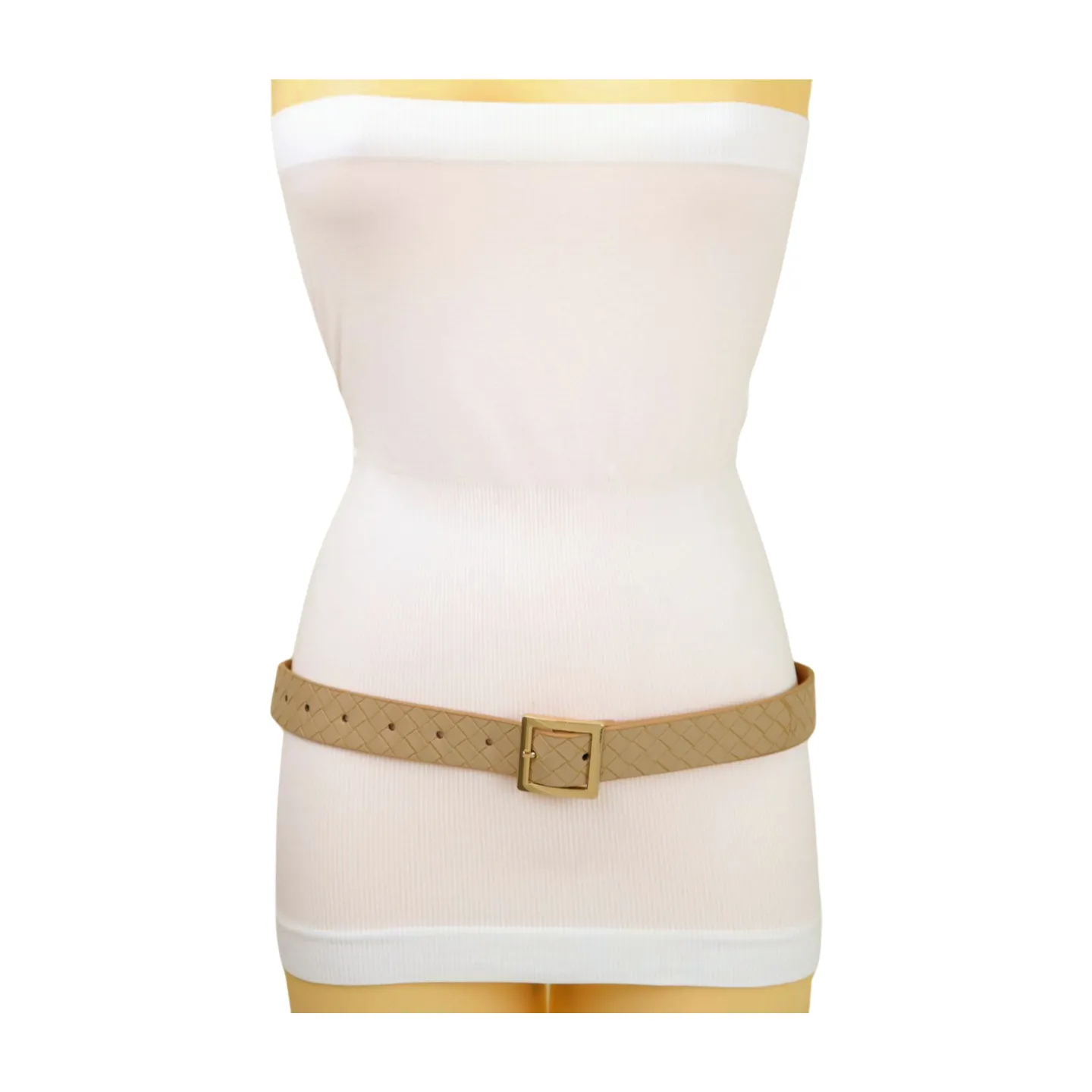 Women Beige Basket Weave Belt Gold Metal Square Buckle Fit S M