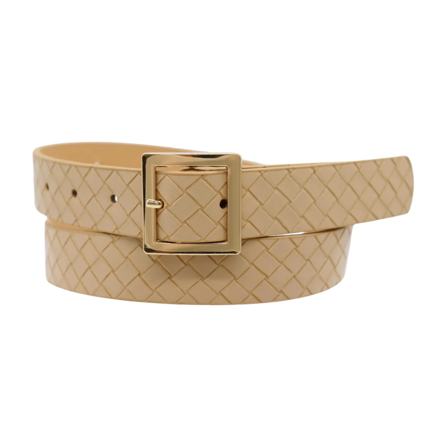 Women Beige Basket Weave Belt Gold Metal Square Buckle Fit S M