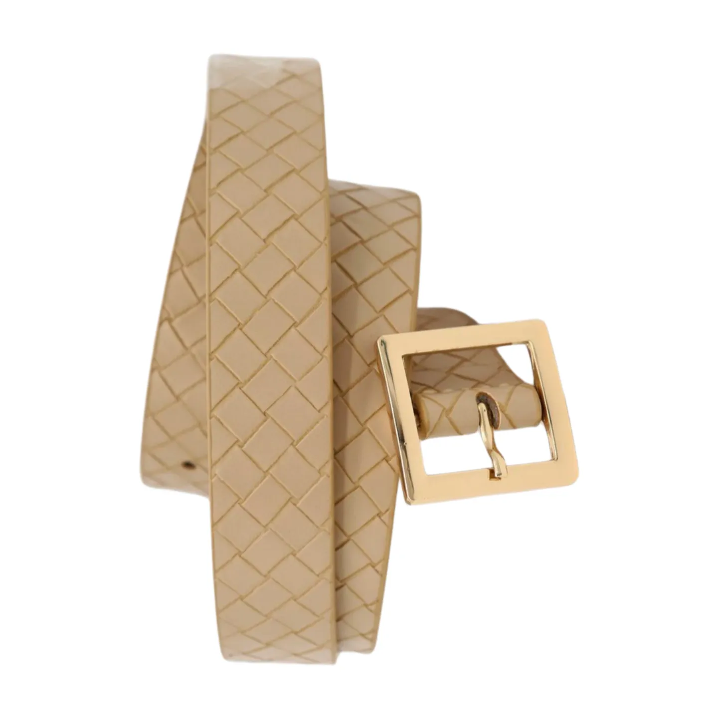 Women Beige Basket Weave Belt Gold Metal Square Buckle Fit S M