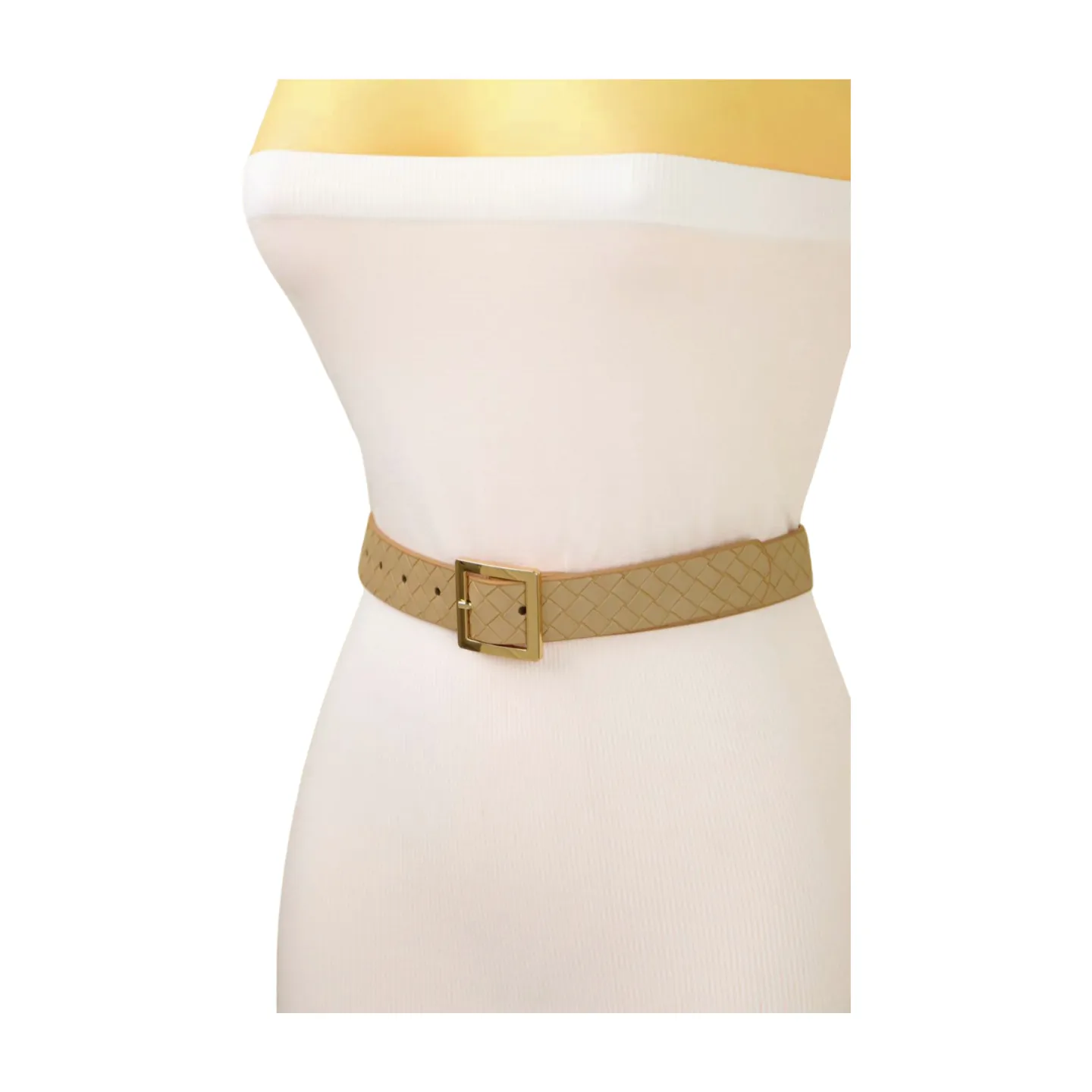 Women Beige Basket Weave Belt Gold Metal Square Buckle Fit S M