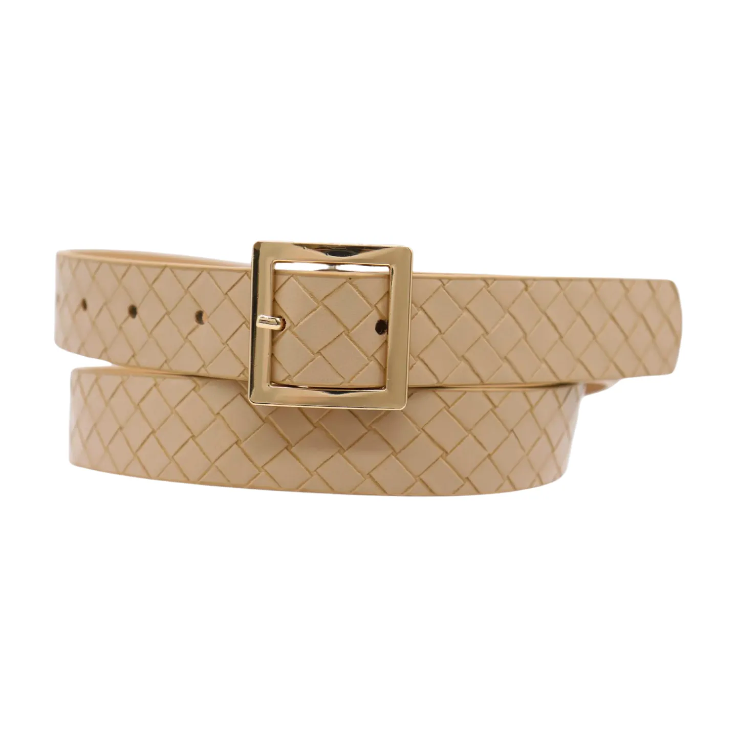 Women Beige Basket Weave Belt Gold Metal Square Buckle Fit S M