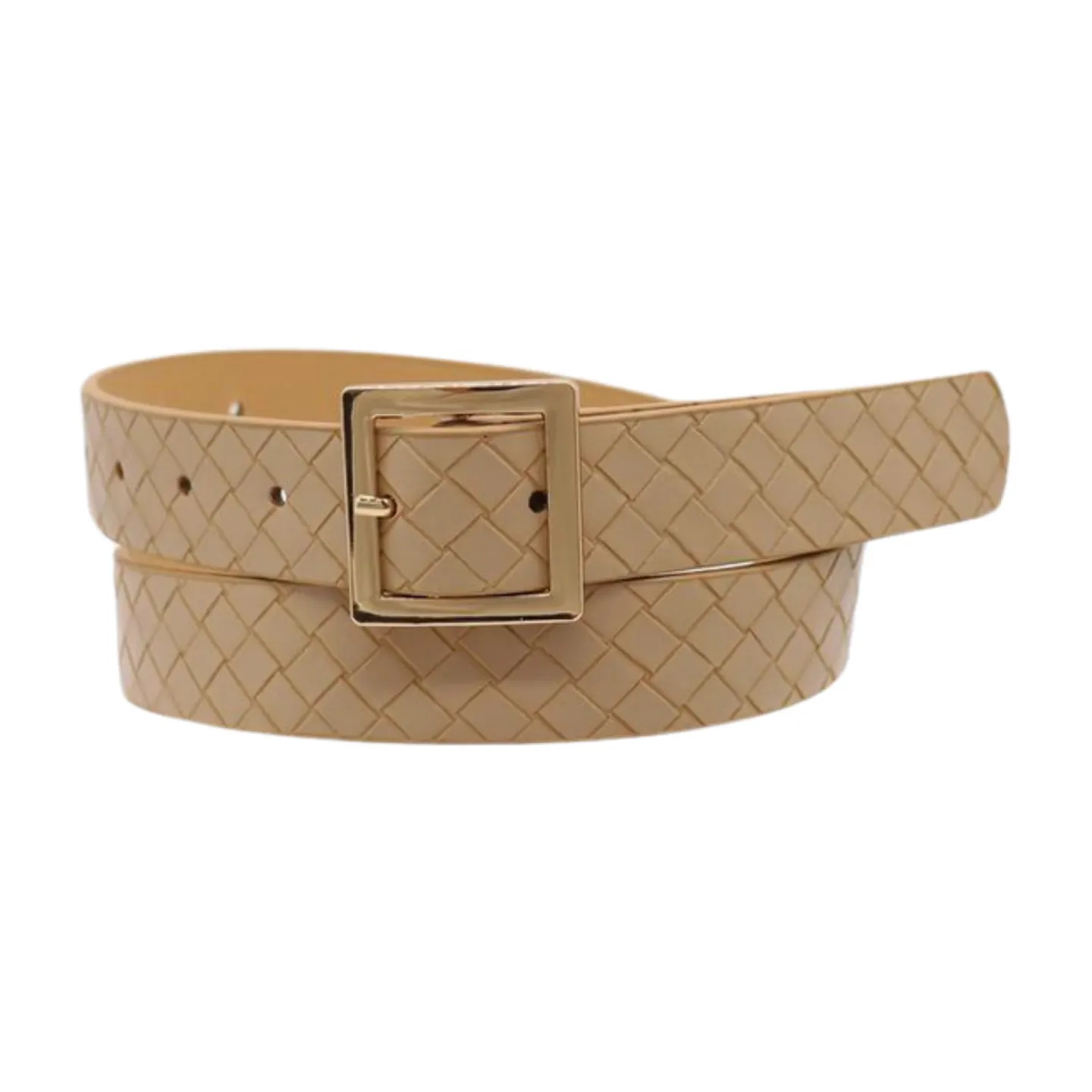 Women Beige Basket Weave Belt Gold Metal Square Buckle Fit S M