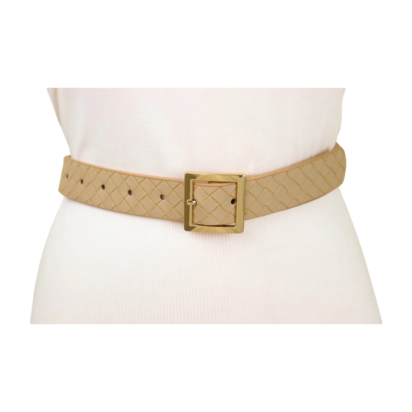 Women Beige Basket Weave Belt Gold Metal Square Buckle Fit S M
