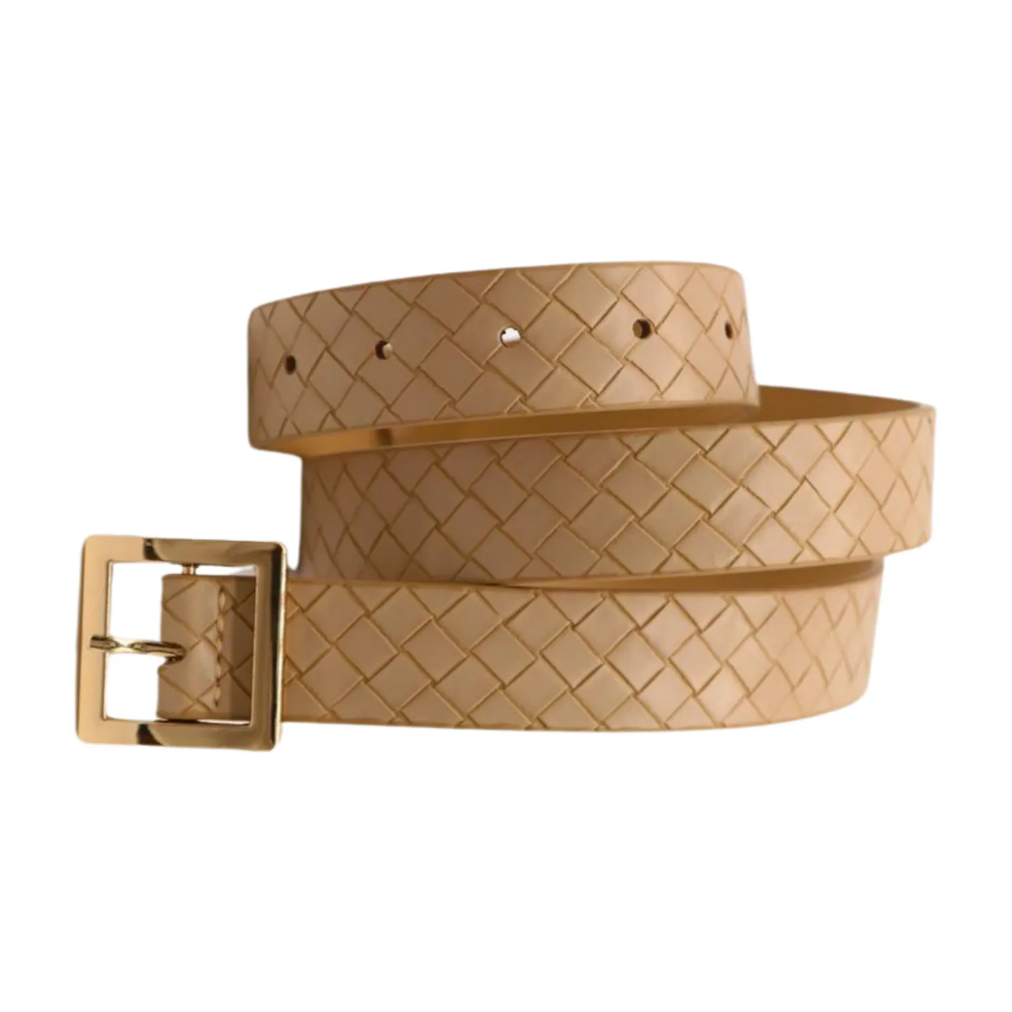 Women Beige Basket Weave Belt Gold Metal Square Buckle Fit S M