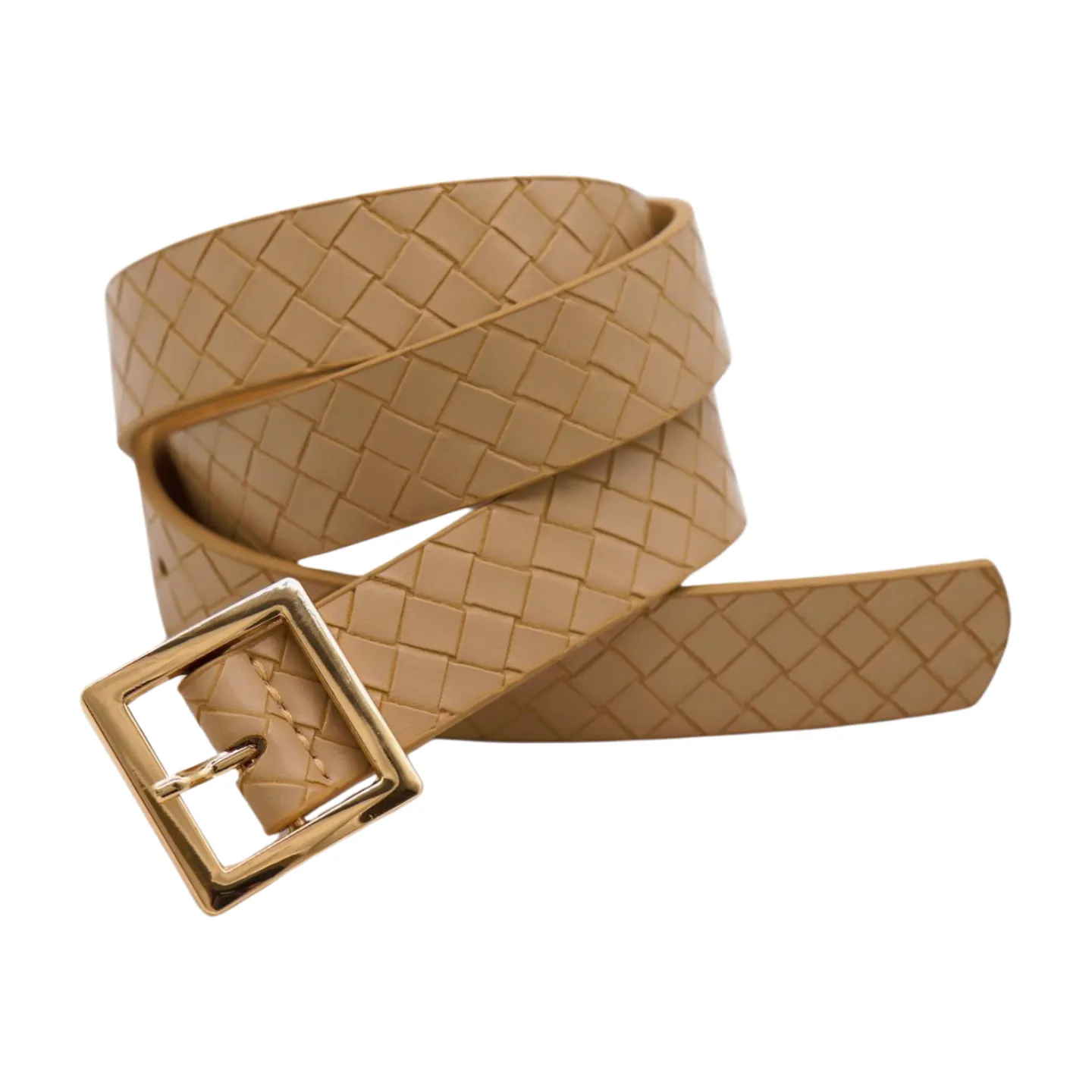 Women Beige Basket Weave Belt Gold Metal Square Buckle Fit S M