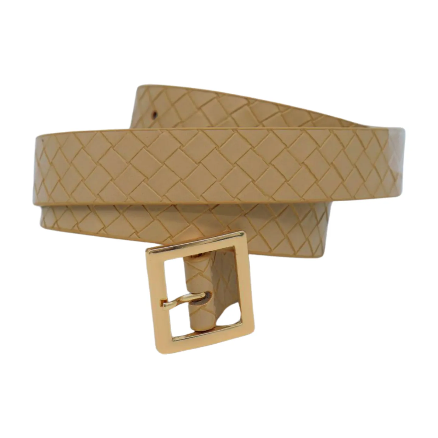 Women Beige Basket Weave Belt Gold Metal Square Buckle Fit S M