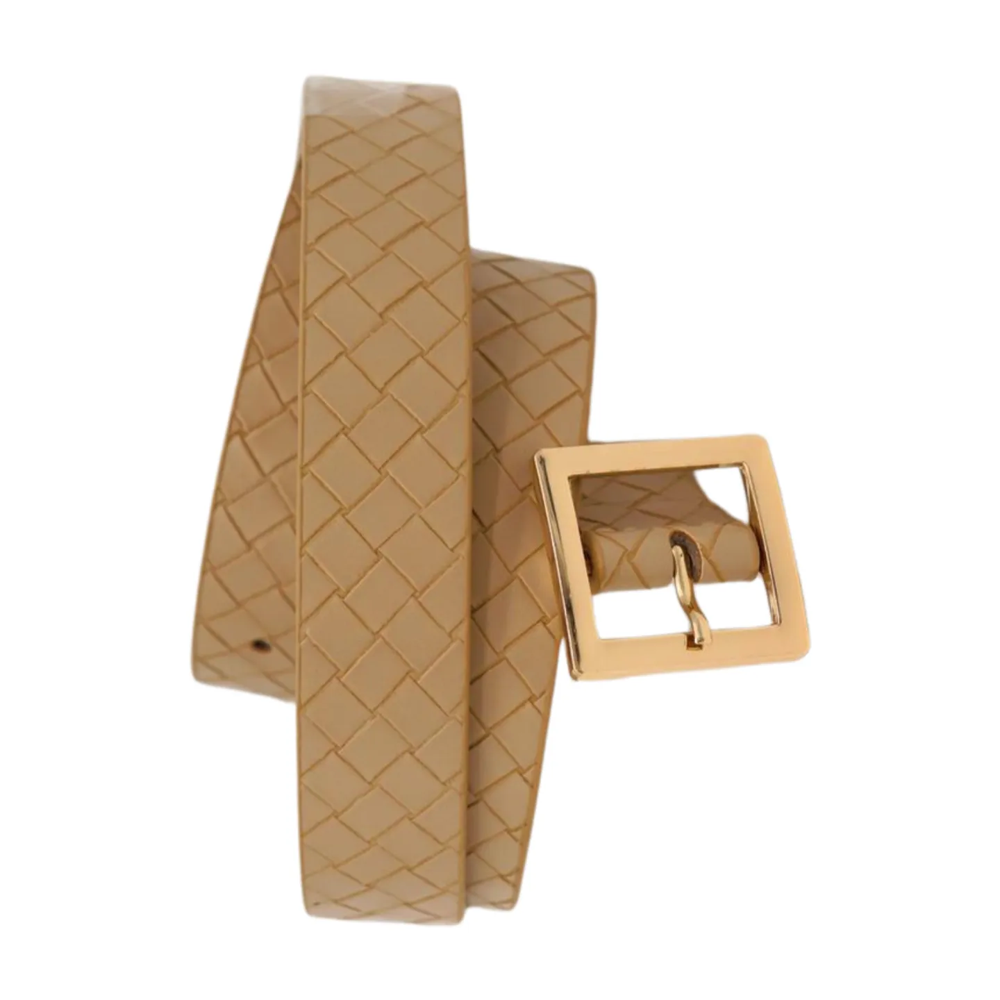 Women Beige Basket Weave Belt Gold Metal Square Buckle Fit S M