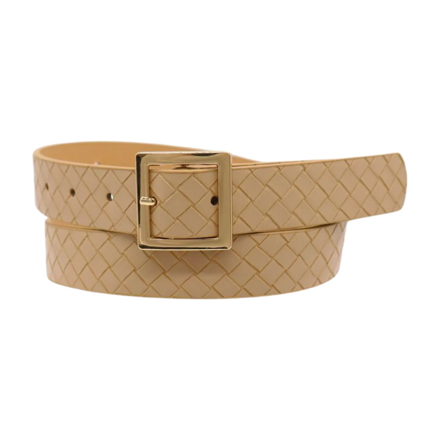 Women Beige Basket Weave Belt Gold Metal Square Buckle Fit S M