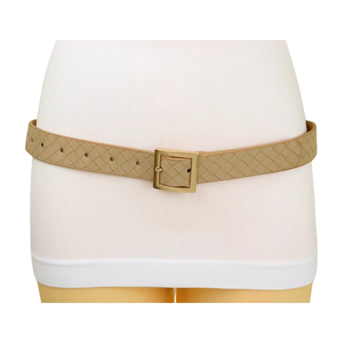 Women Beige Basket Weave Belt Gold Metal Square Buckle Fit S M