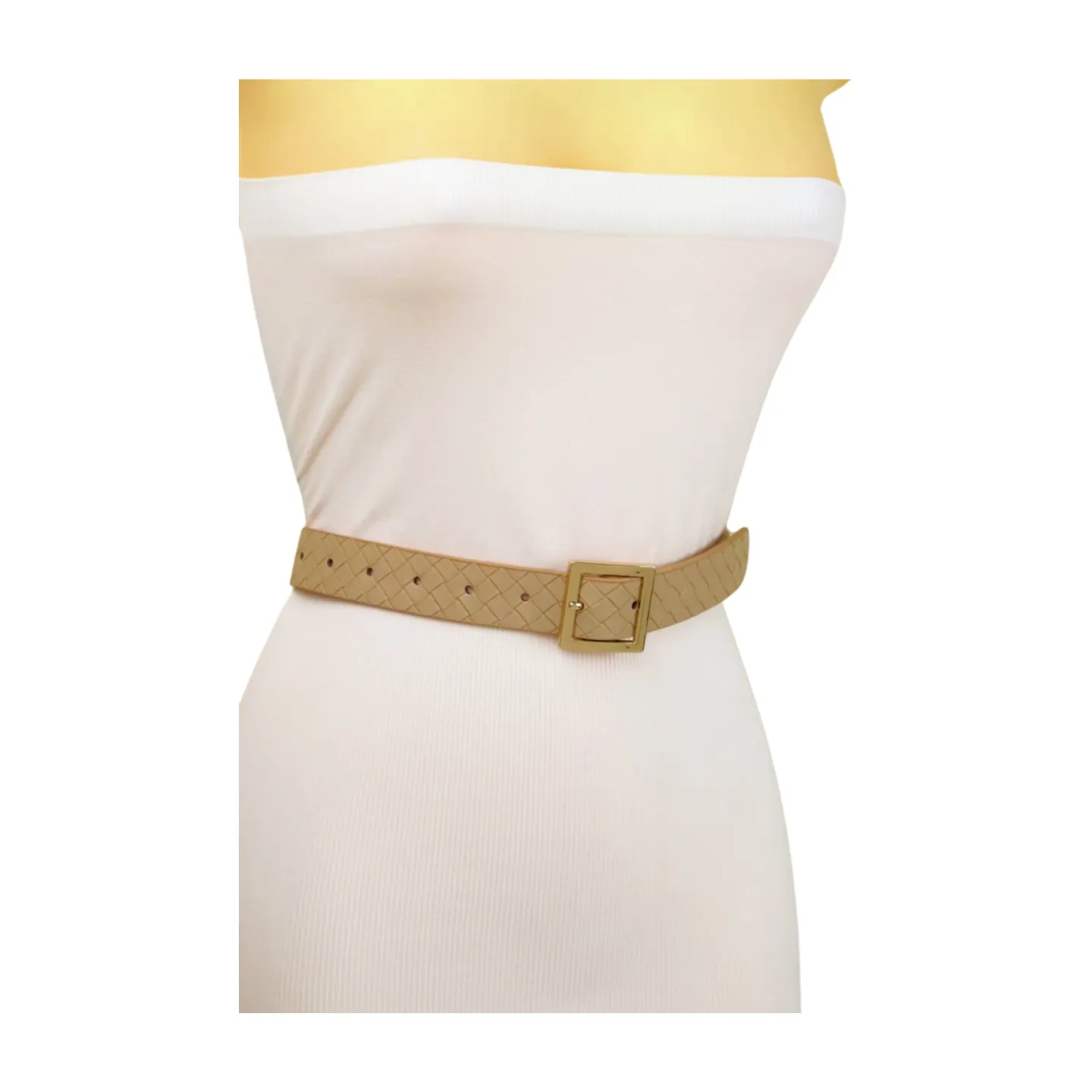 Women Beige Basket Weave Belt Gold Metal Square Buckle Fit S M