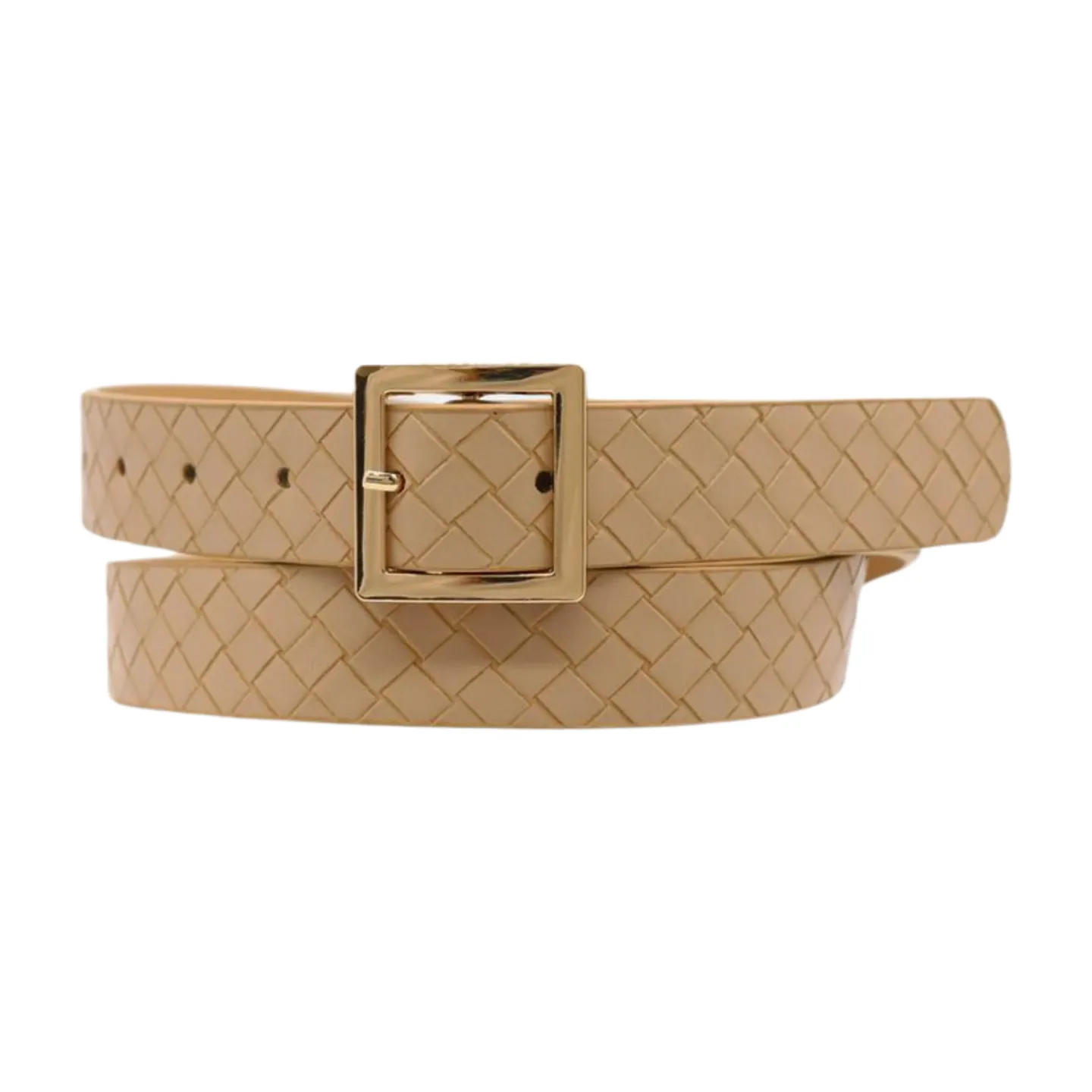 Women Beige Basket Weave Belt Gold Metal Square Buckle Fit S M