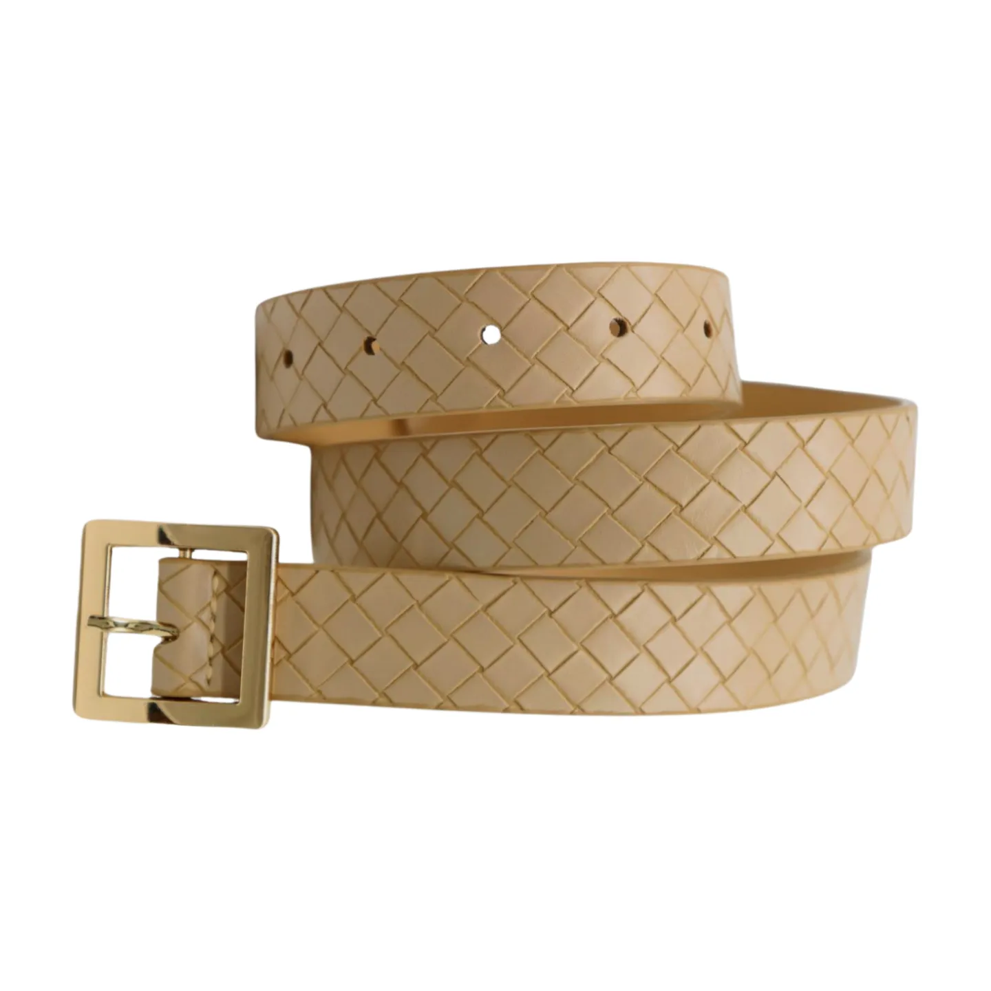 Women Beige Basket Weave Belt Gold Metal Square Buckle Fit S M