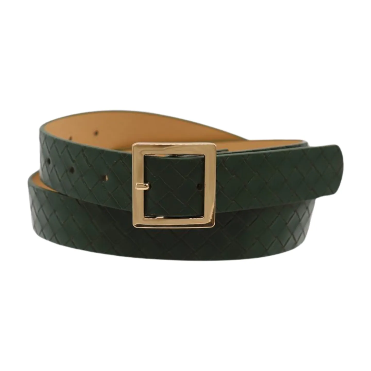 Women Green Basket Weave Skinny Belt Gold Square Buckle Fit S M