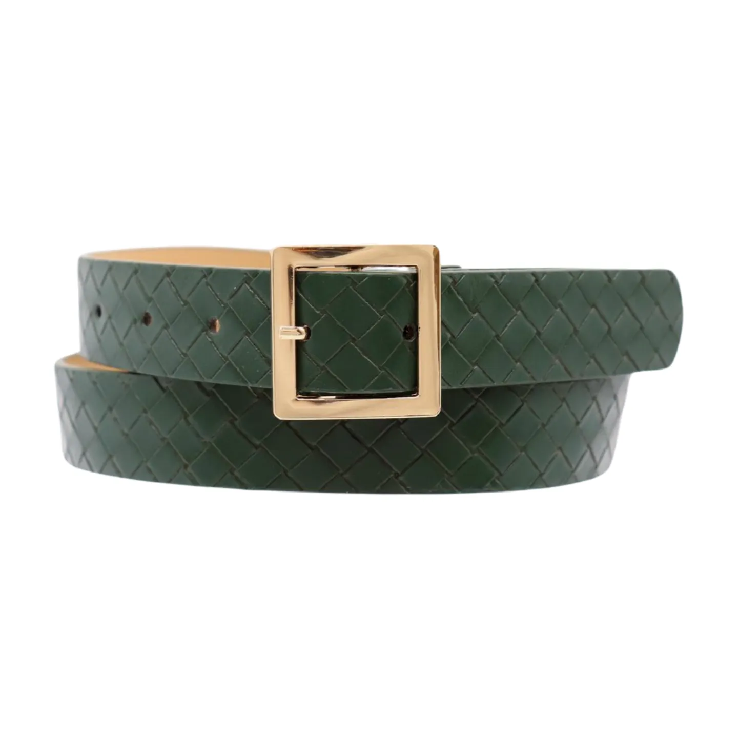 Women Green Basket Weave Skinny Belt Gold Square Buckle Fit S M