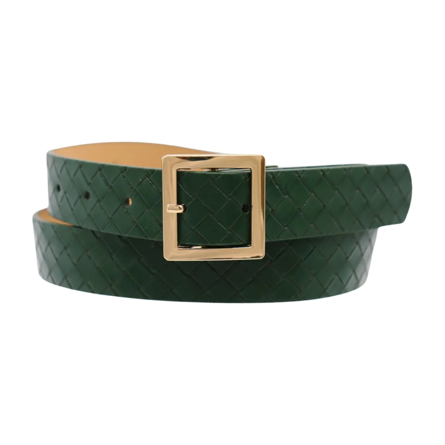 Women Green Basket Weave Skinny Belt Gold Square Buckle Fit S M