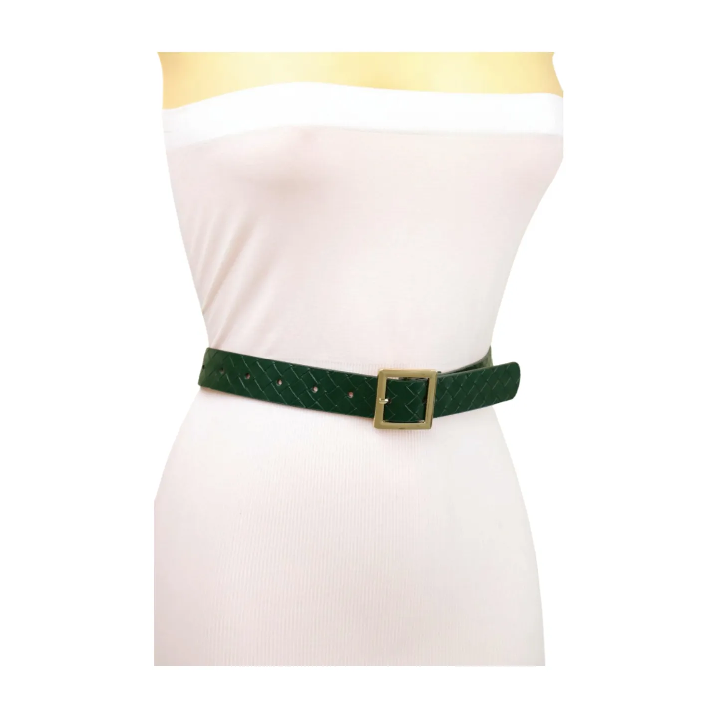 Women Green Basket Weave Skinny Belt Gold Square Buckle Fit S M