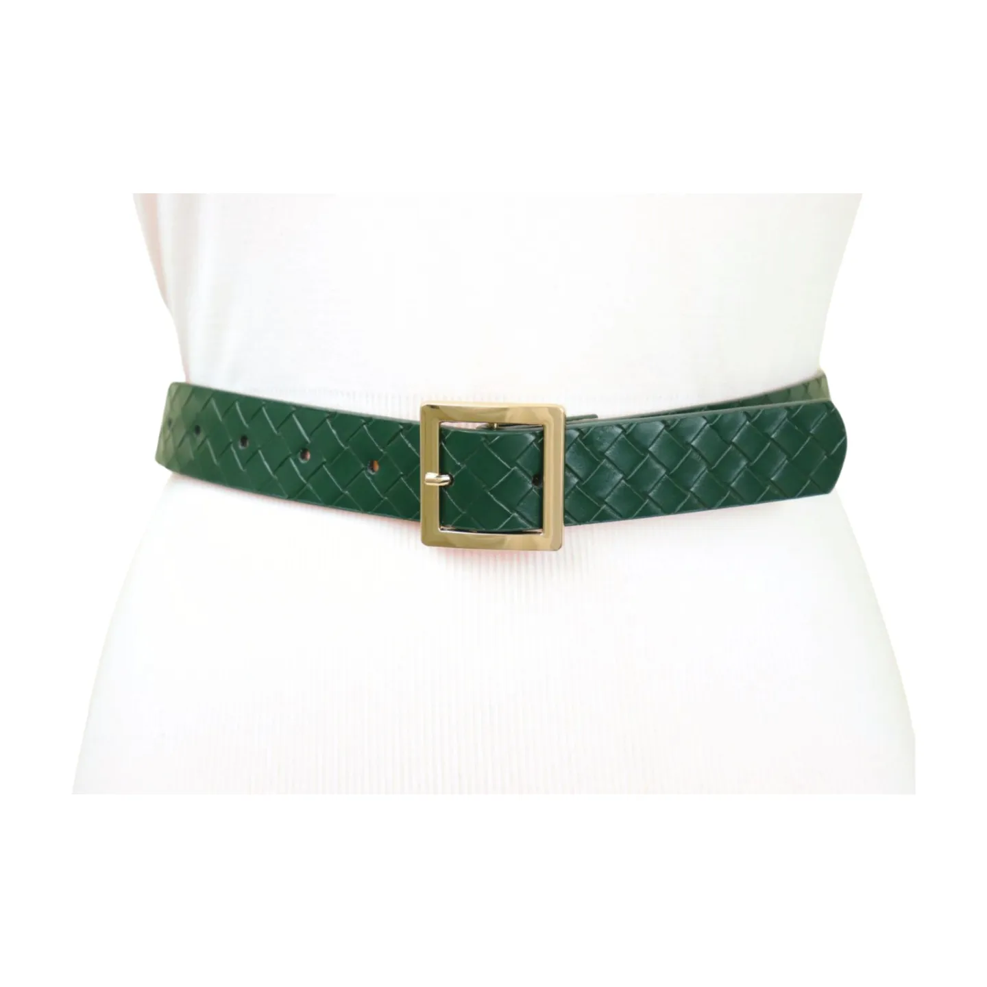 Women Green Basket Weave Skinny Belt Gold Square Buckle Fit S M