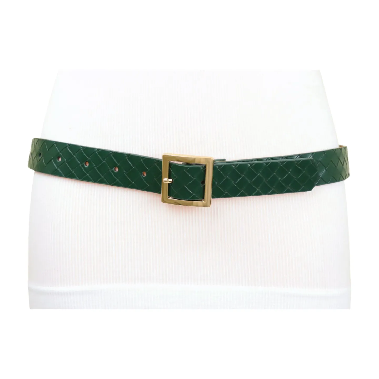 Women Green Basket Weave Skinny Belt Gold Square Buckle Fit S M