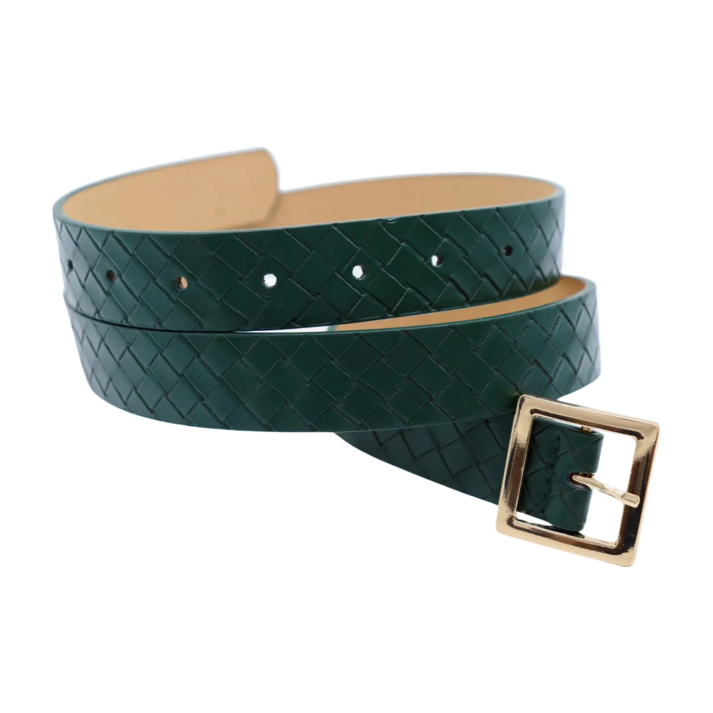 Women Green Basket Weave Skinny Belt Gold Square Buckle Fit S M