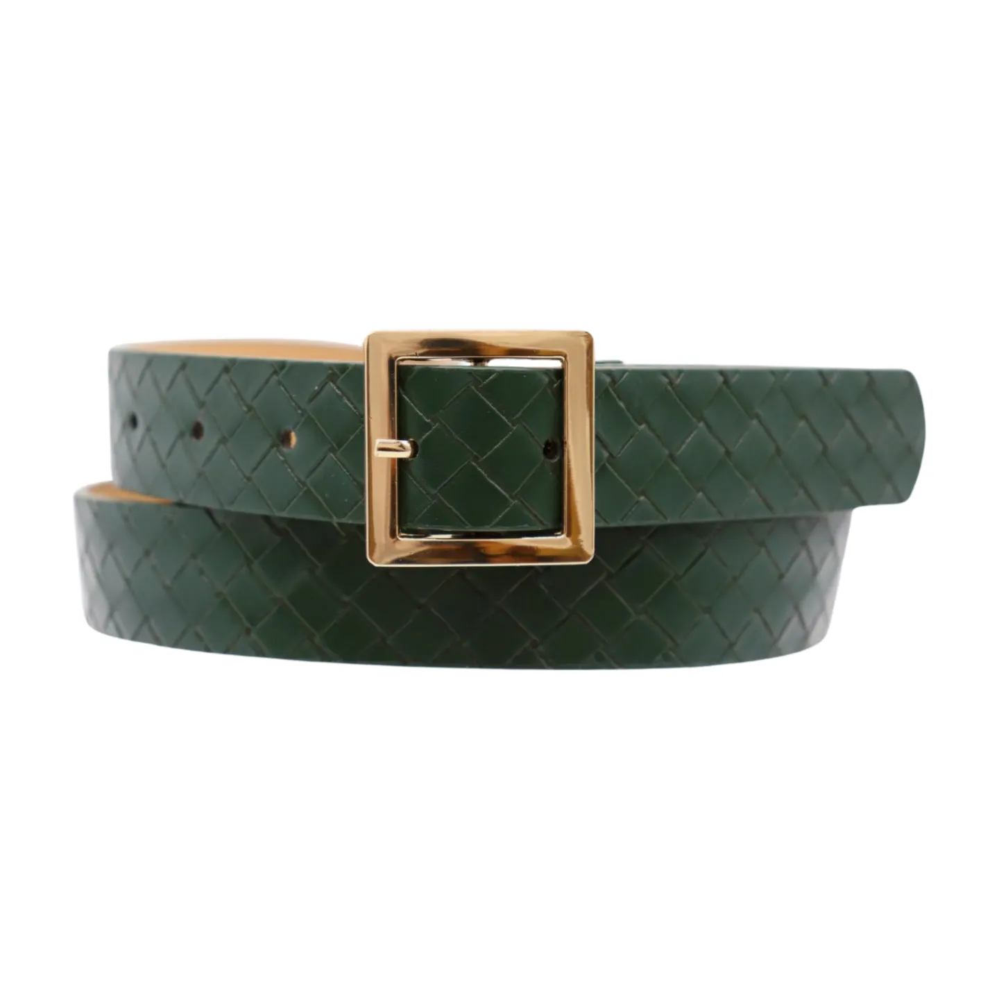Women Green Basket Weave Skinny Belt Gold Square Buckle Fit S M