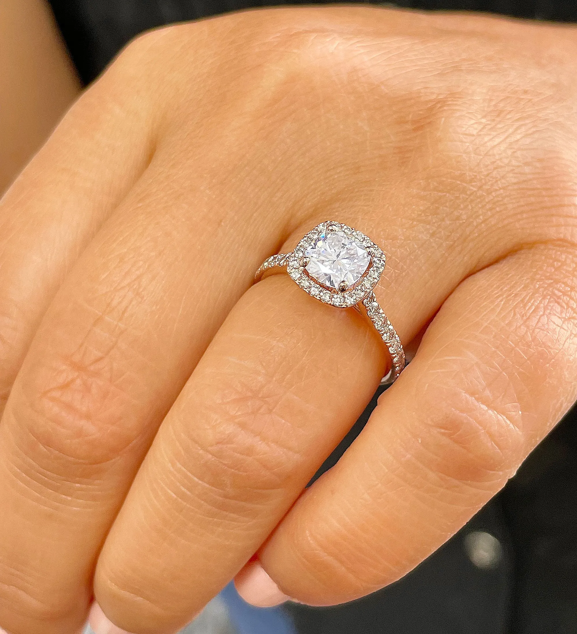 Women's 14k solid rose gold cushion cut moissanite and natural round cut diamond engagement ring Bridal Wedding Halo 1.80ctw