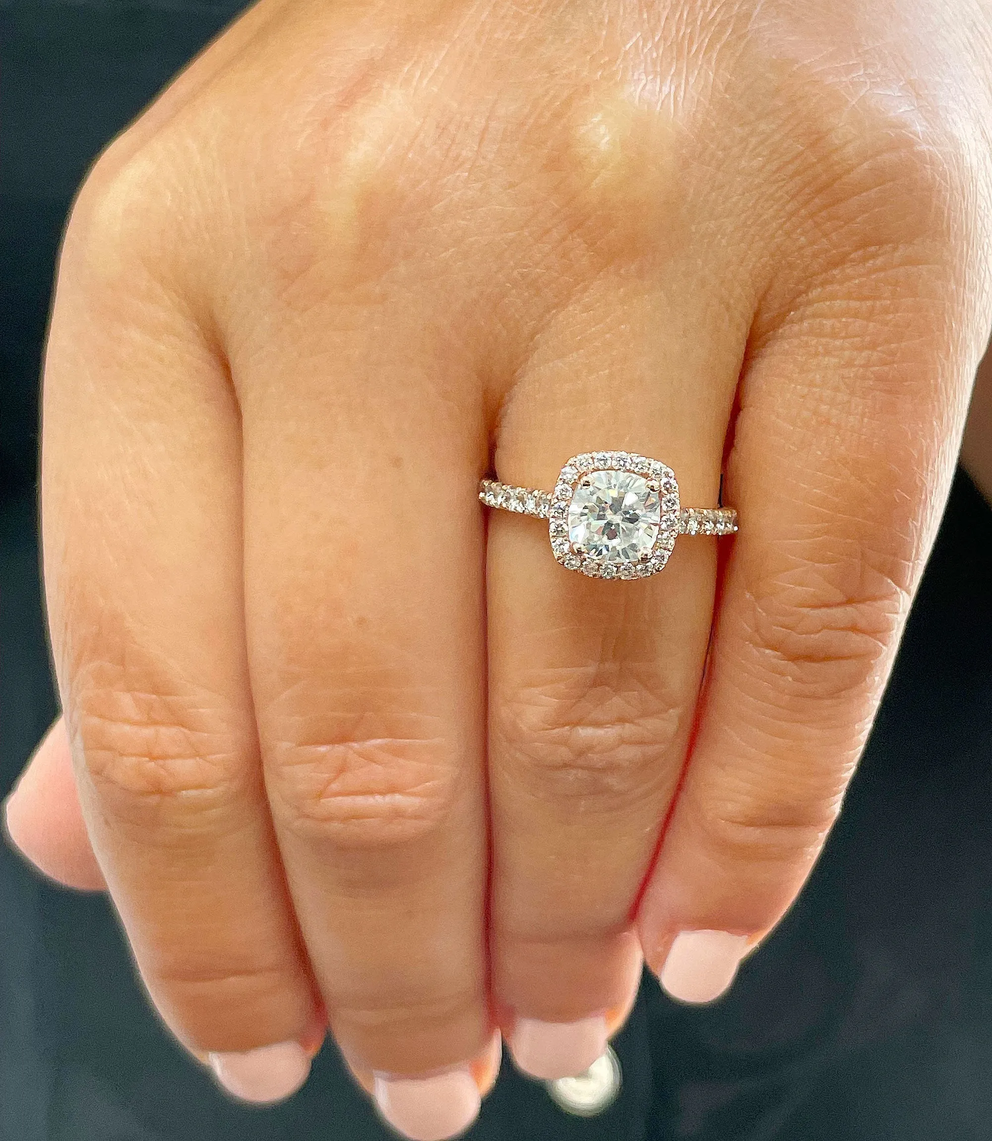 Women's 14k solid rose gold cushion cut moissanite and natural round cut diamond engagement ring Bridal Wedding Halo 1.80ctw