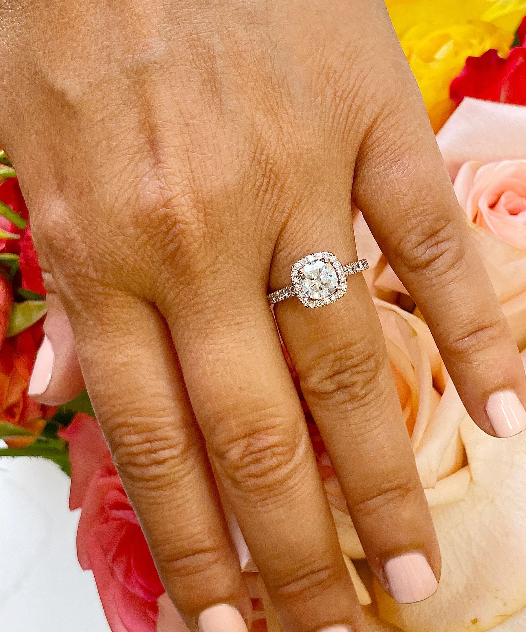 Women's 14k solid rose gold cushion cut moissanite and natural round cut diamond engagement ring Bridal Wedding Halo 1.80ctw