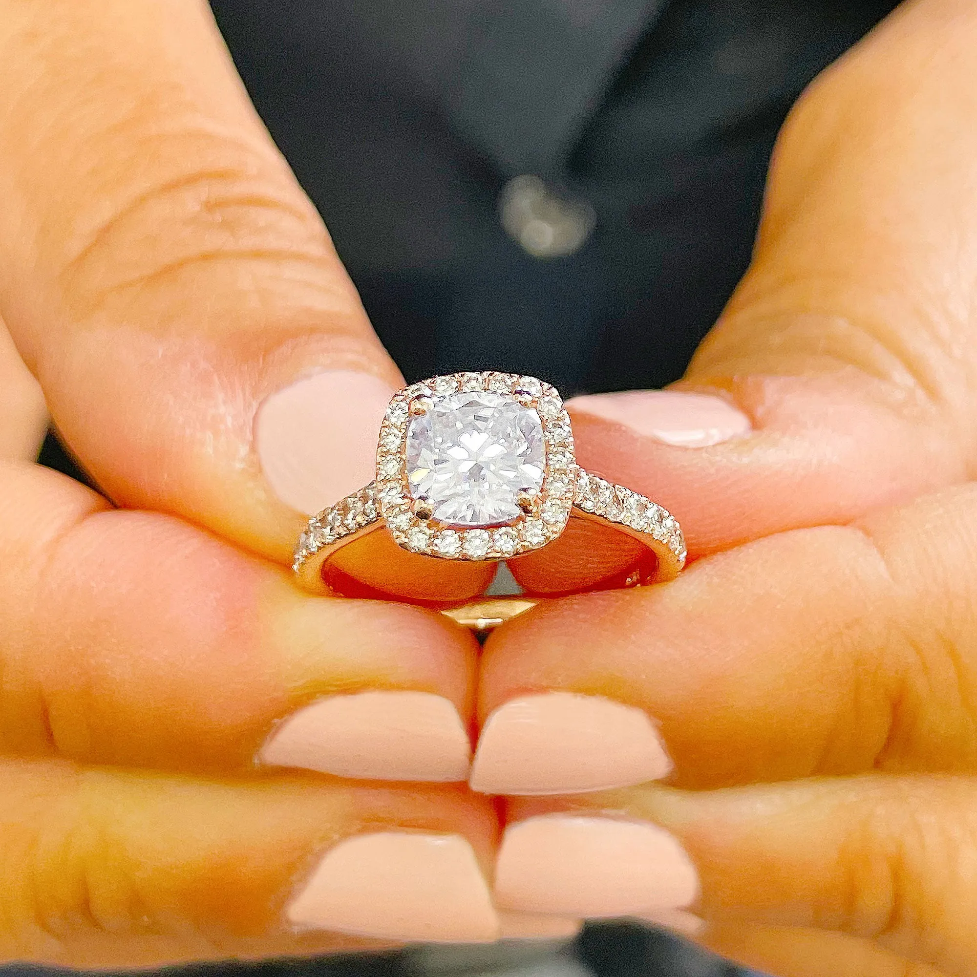 Women's 14k solid rose gold cushion cut moissanite and natural round cut diamond engagement ring Bridal Wedding Halo 1.80ctw