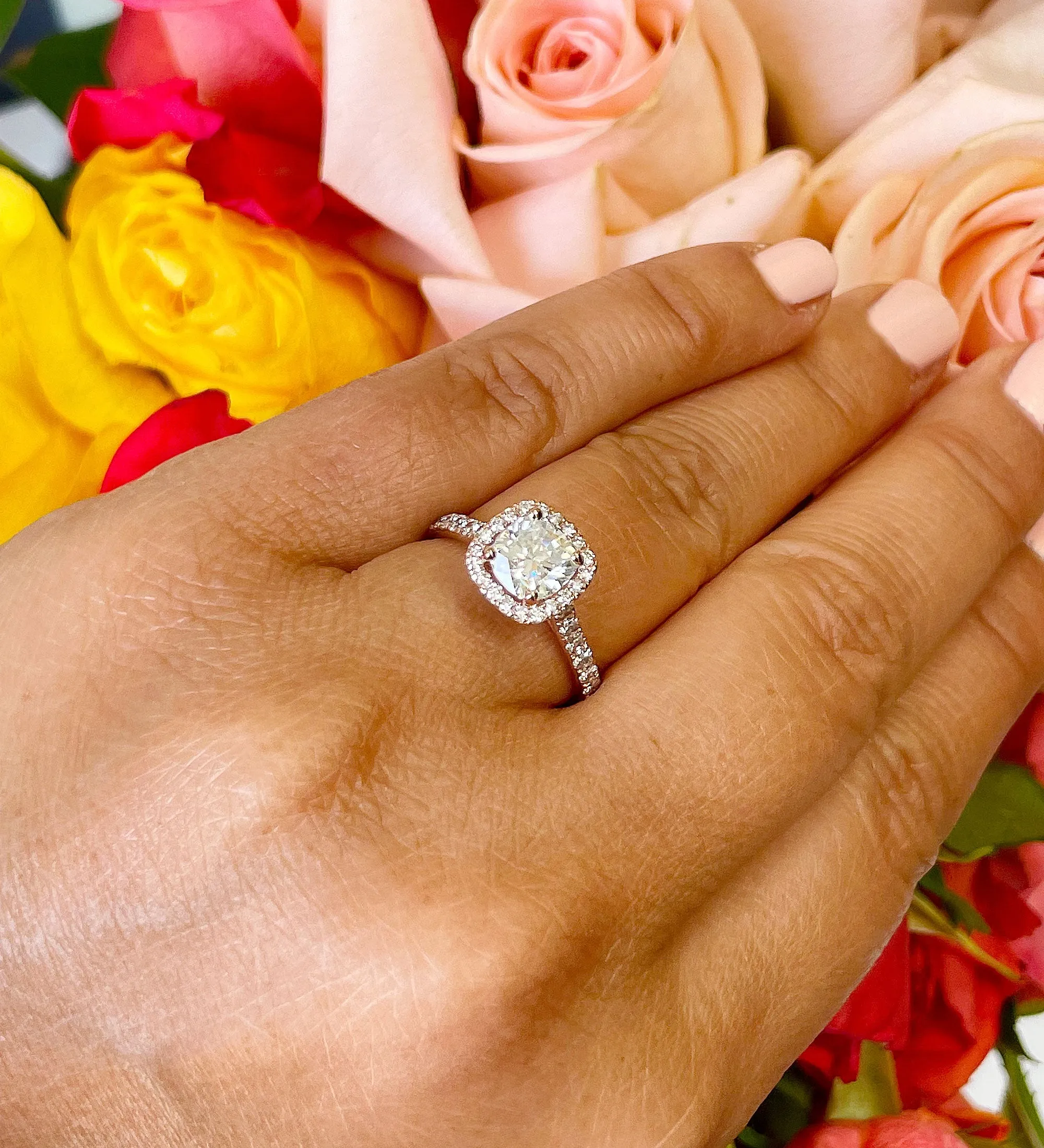 Women's 14k solid rose gold cushion cut moissanite and natural round cut diamond engagement ring Bridal Wedding Halo 1.80ctw
