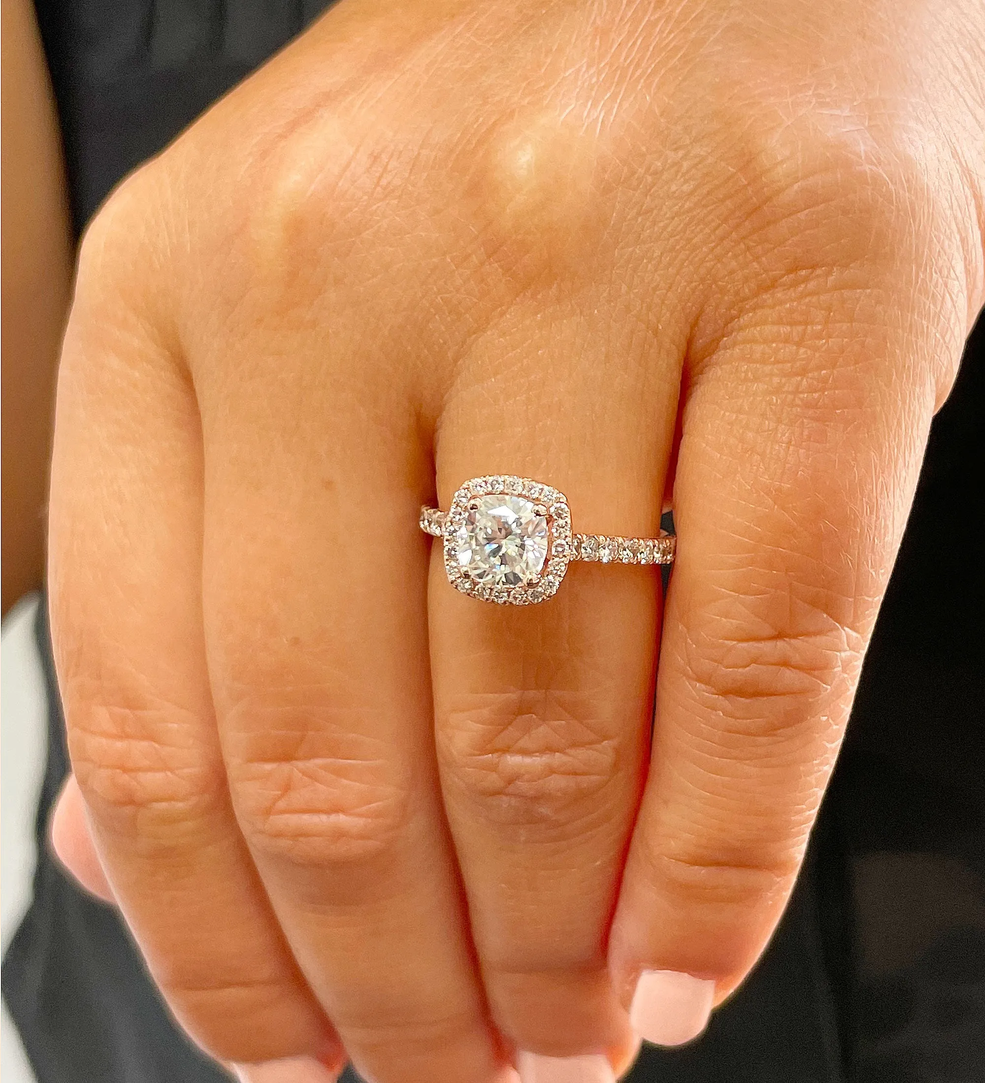 Women's 14k solid rose gold cushion cut moissanite and natural round cut diamond engagement ring Bridal Wedding Halo 1.80ctw