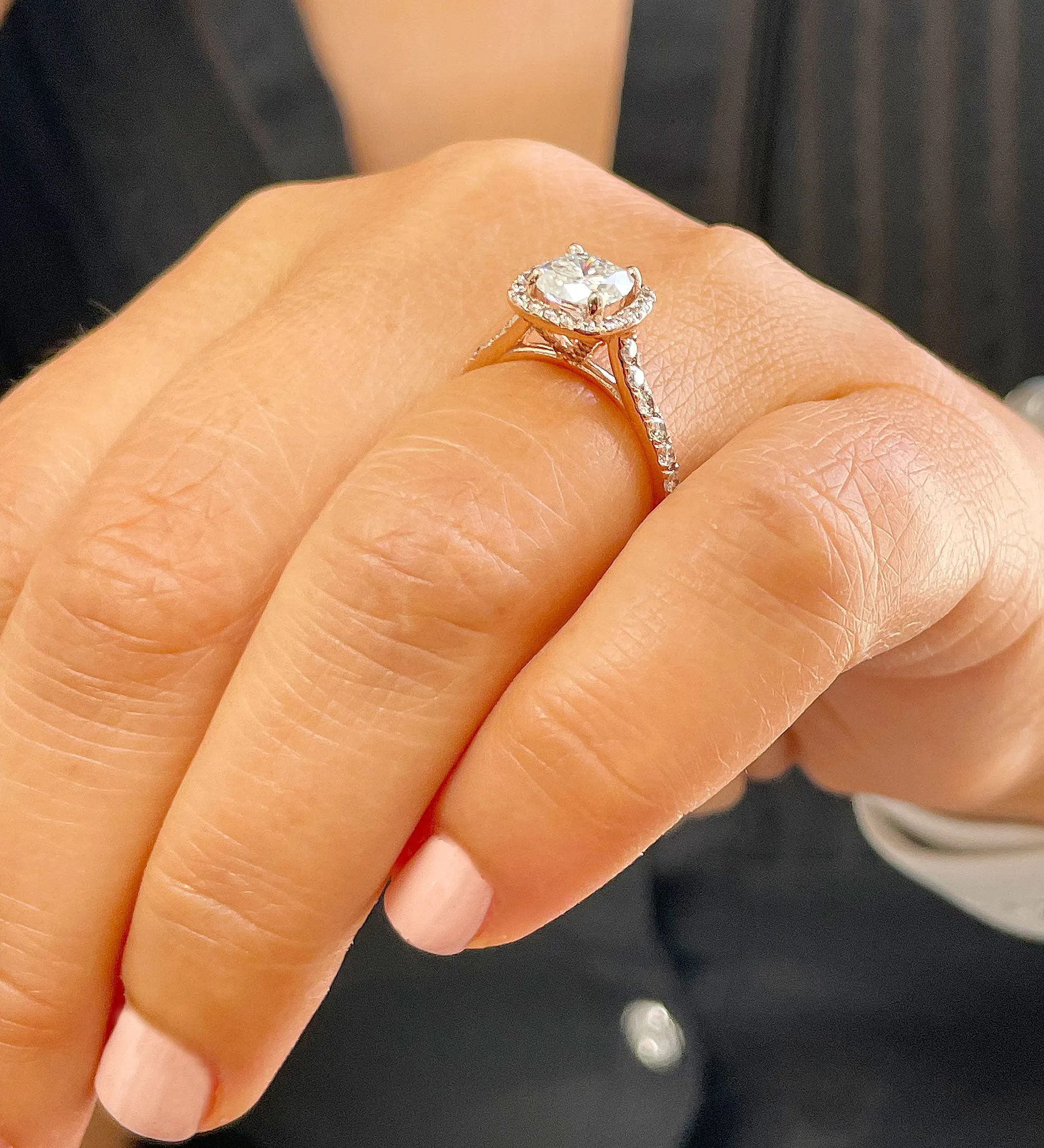 Women's 14k solid rose gold cushion cut moissanite and natural round cut diamond engagement ring Bridal Wedding Halo 1.80ctw