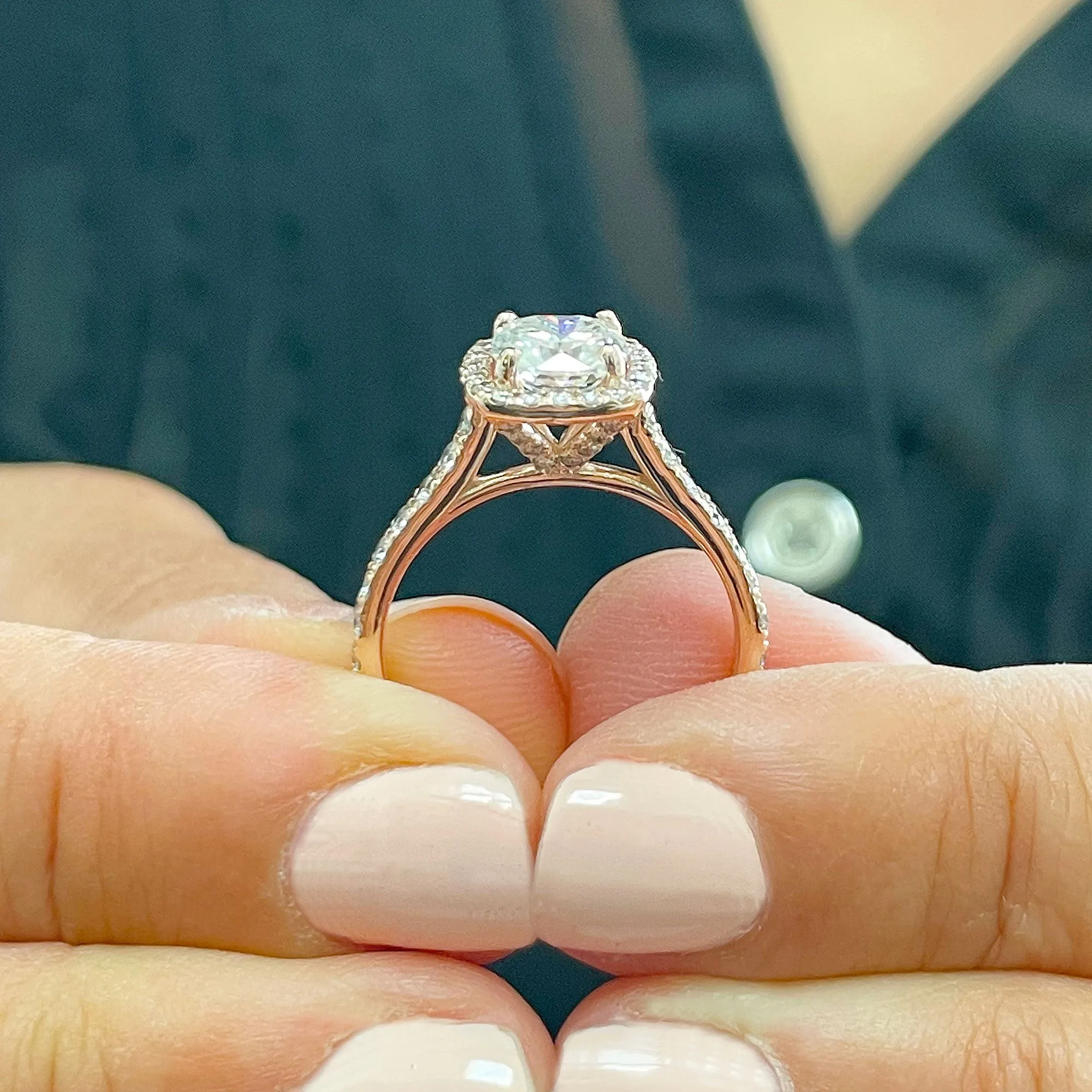Women's 14k solid rose gold cushion cut moissanite and natural round cut diamond engagement ring Bridal Wedding Halo 1.80ctw