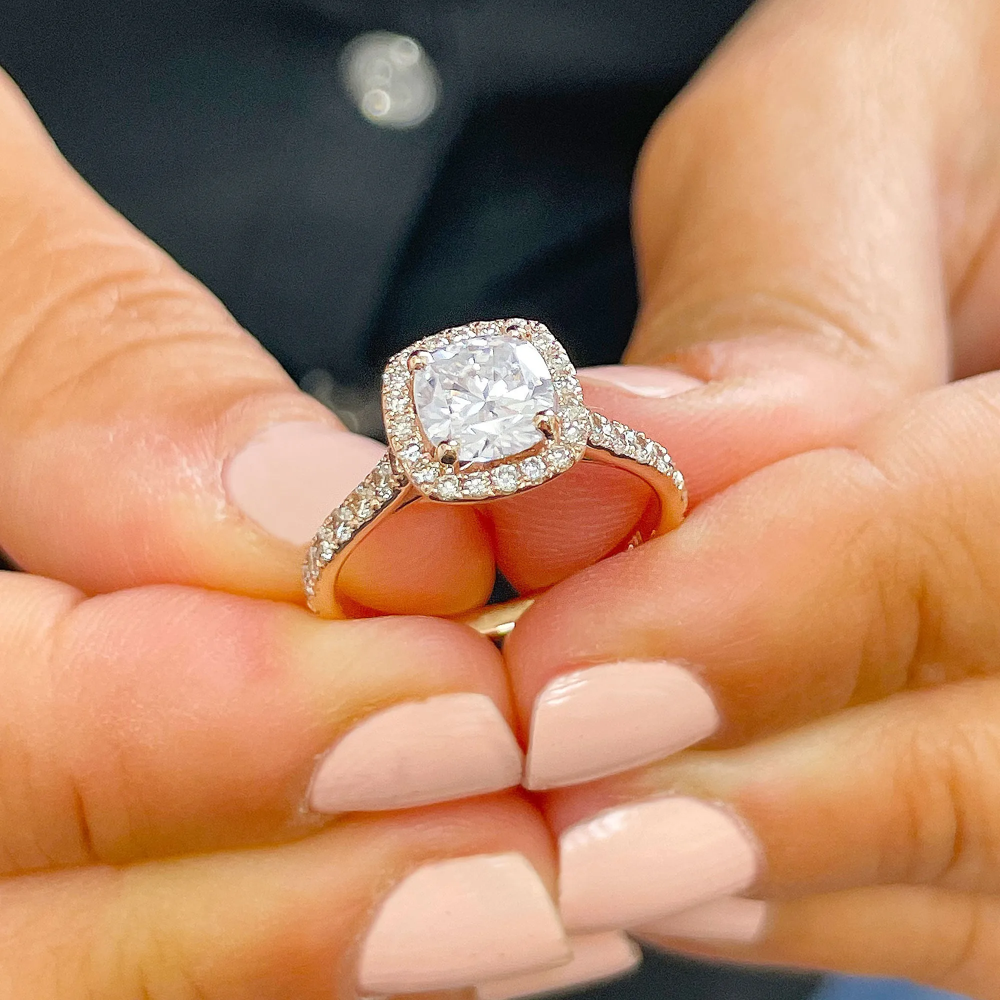 Women's 14k solid rose gold cushion cut moissanite and natural round cut diamond engagement ring Bridal Wedding Halo 1.80ctw