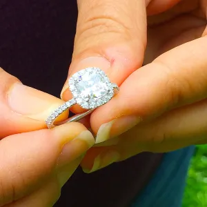 Women's 14k solid white gold cushion cut forever one moissanite and natural round cut diamond engagement ring Bridal Wedding Halo 1.80ctw