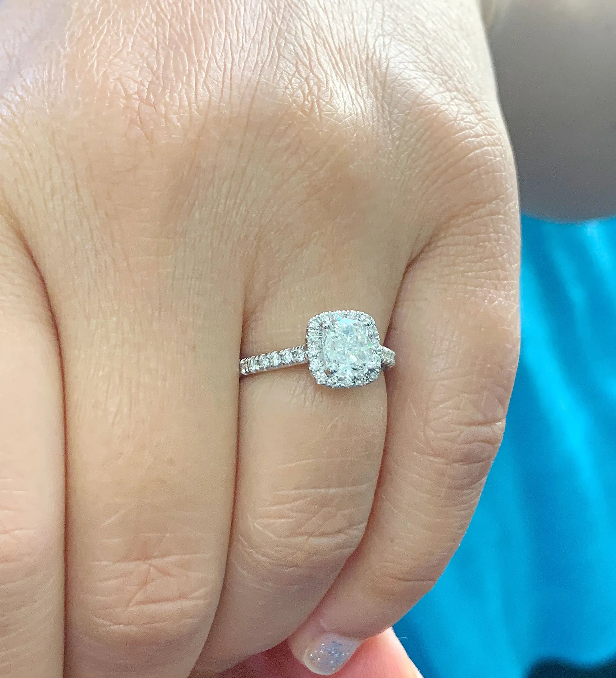 Women's 14k solid white gold cushion cut moissanite and natural round cut diamond engagement ring Bridal Wedding Halo 1.90ctw