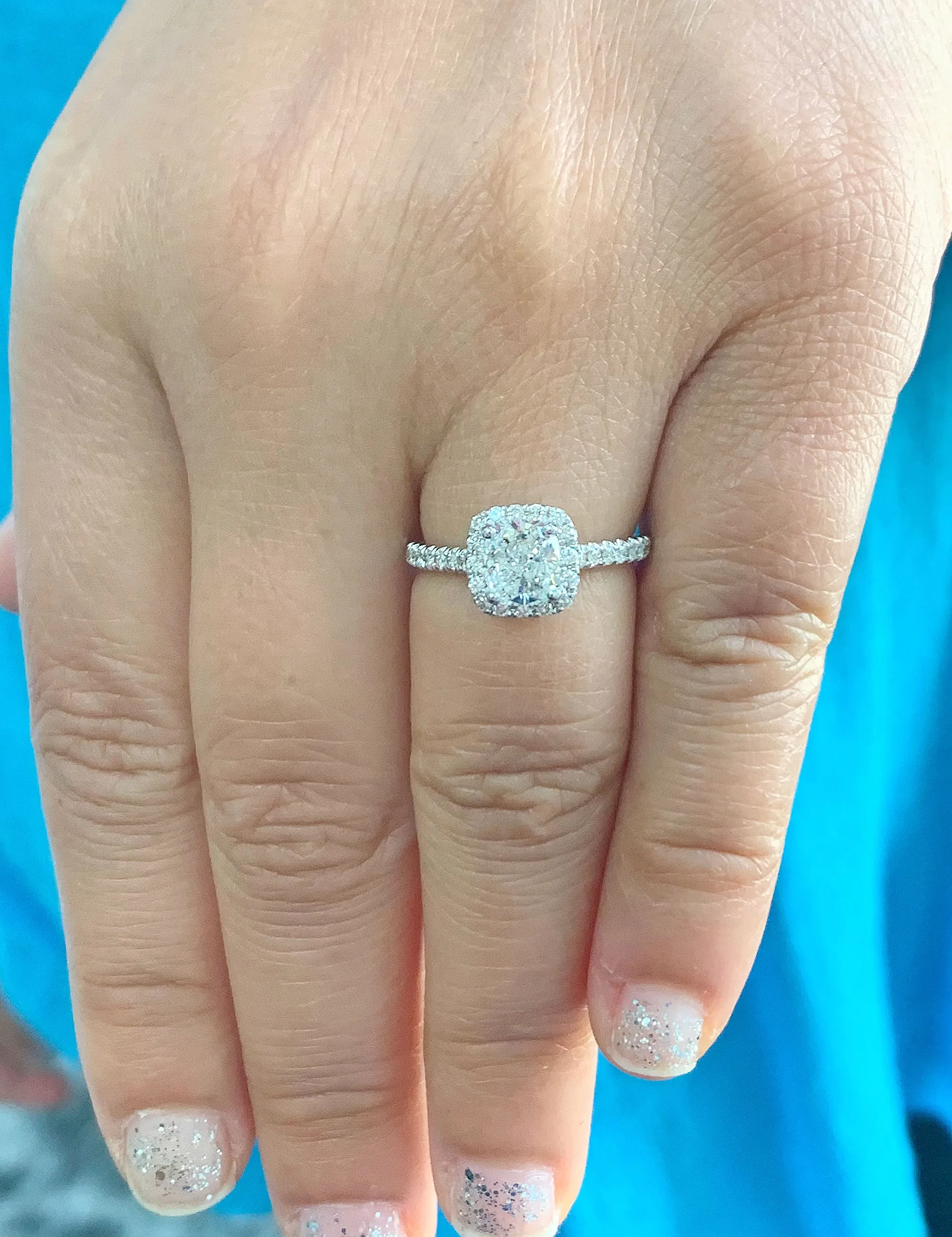 Women's 14k solid white gold cushion cut moissanite and natural round cut diamond engagement ring Bridal Wedding Halo 1.90ctw