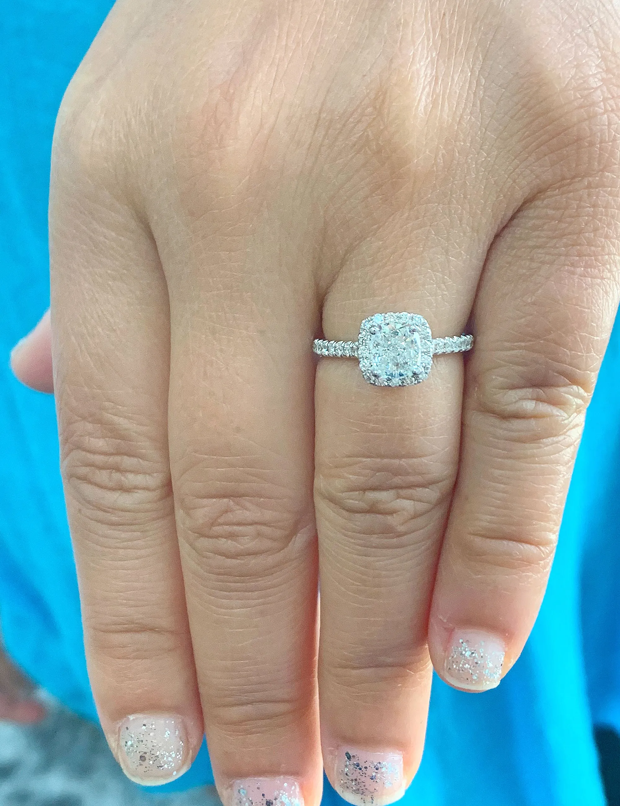 Women's 14k solid white gold cushion cut moissanite and natural round cut diamond engagement ring Bridal Wedding Halo 1.90ctw