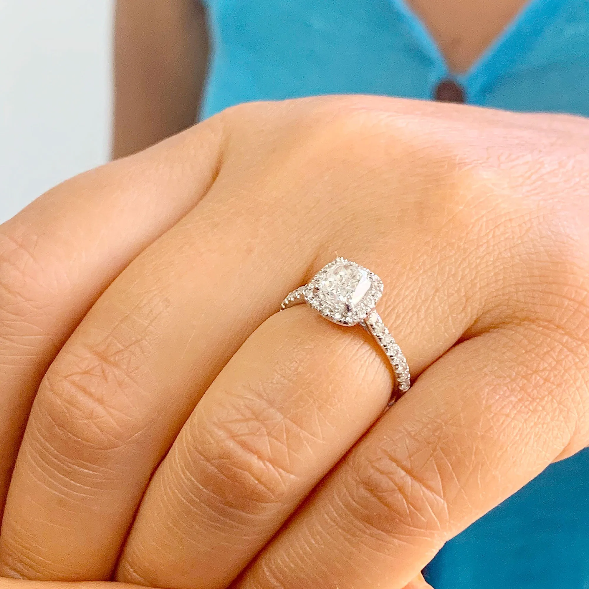Women's 14k solid white gold cushion cut moissanite and natural round cut diamond engagement ring Bridal Wedding Halo 1.90ctw