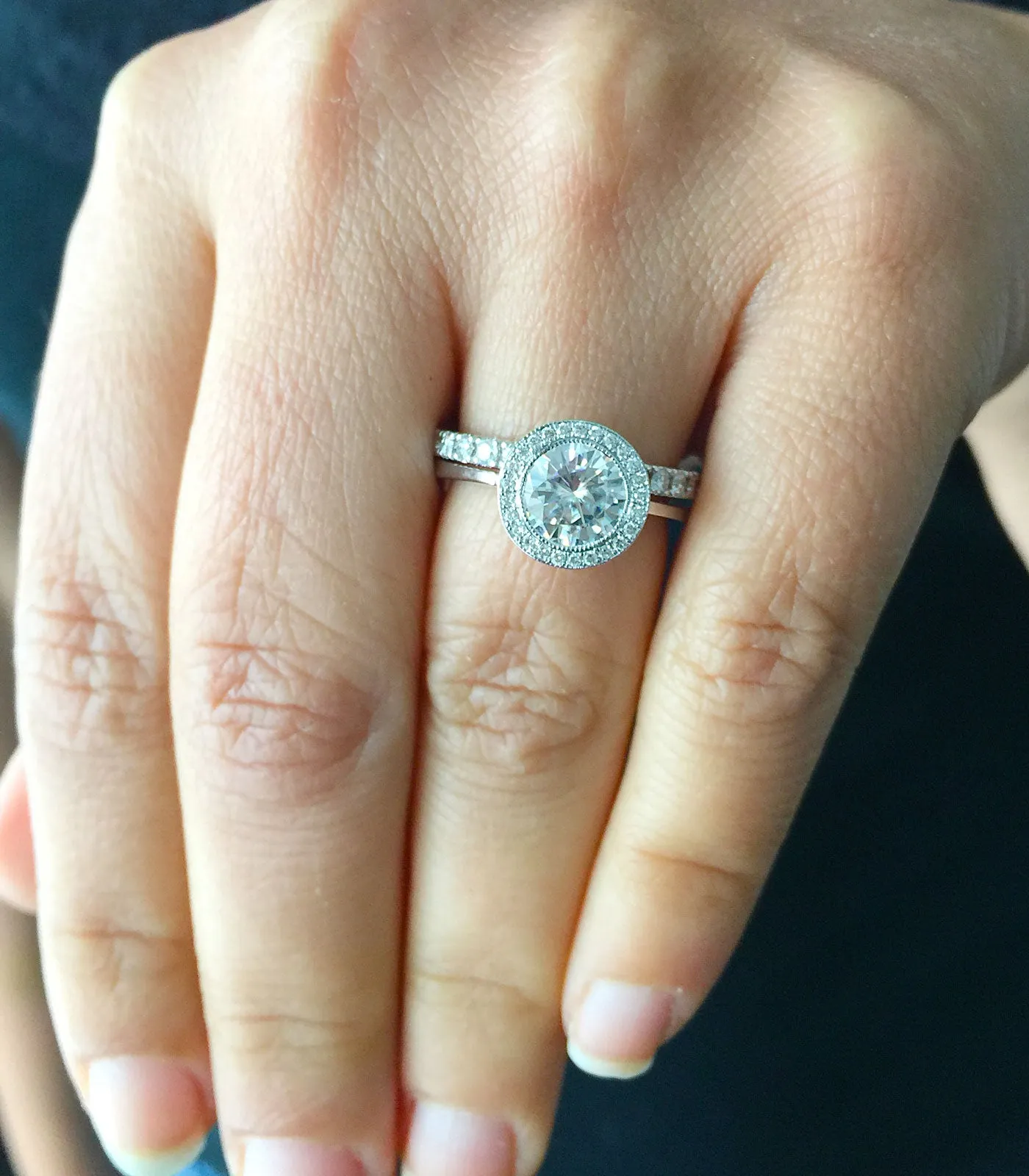 Women's 14k solid white gold Round cut moissanite and natural round cut diamond engagement ring Bridal Wedding Halo 1.80ctw