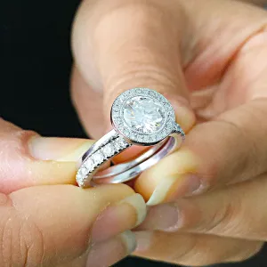 Women's 14k solid white gold Round cut moissanite and natural round cut diamond engagement ring Bridal Wedding Halo 1.80ctw