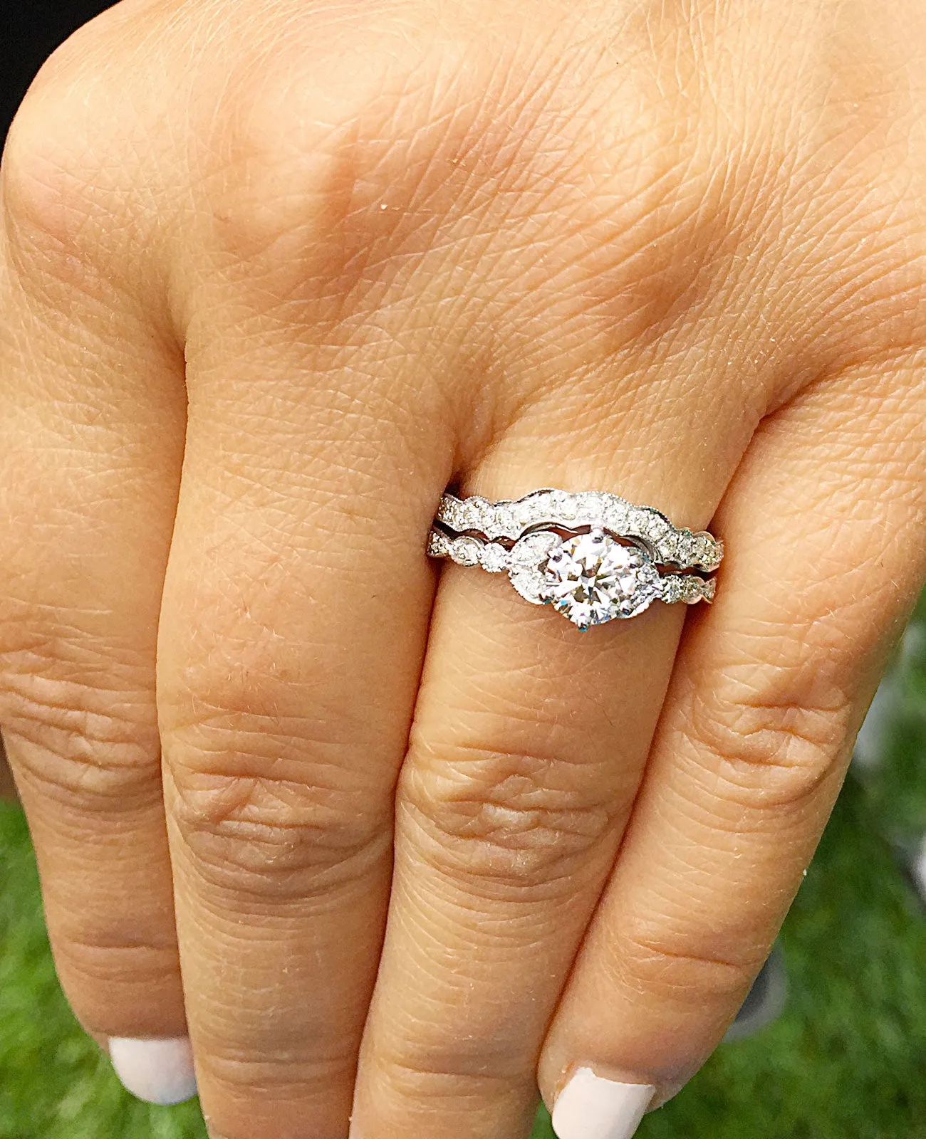 Women's 14k Solid White Gold Round Cut Natural Diamond Engagement Ring And Band, Antique Style, Filigree, Bridal Wedding Set 0.85ctw