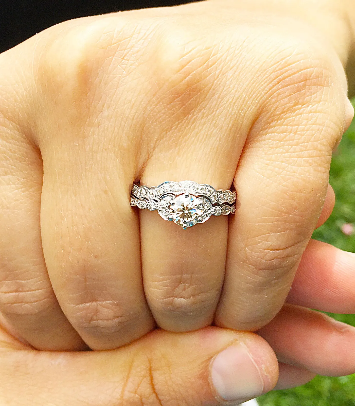 Women's 14k Solid White Gold Round Cut Natural Diamond Engagement Ring And Band, Antique Style, Filigree, Bridal Wedding Set 0.85ctw