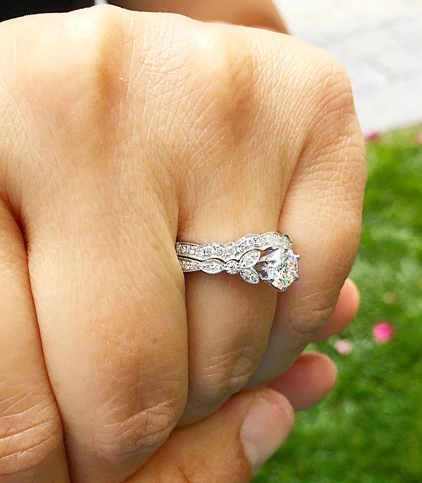 Women's 14k Solid White Gold Round Cut Natural Diamond Engagement Ring And Band, Antique Style, Filigree, Bridal Wedding Set 0.85ctw