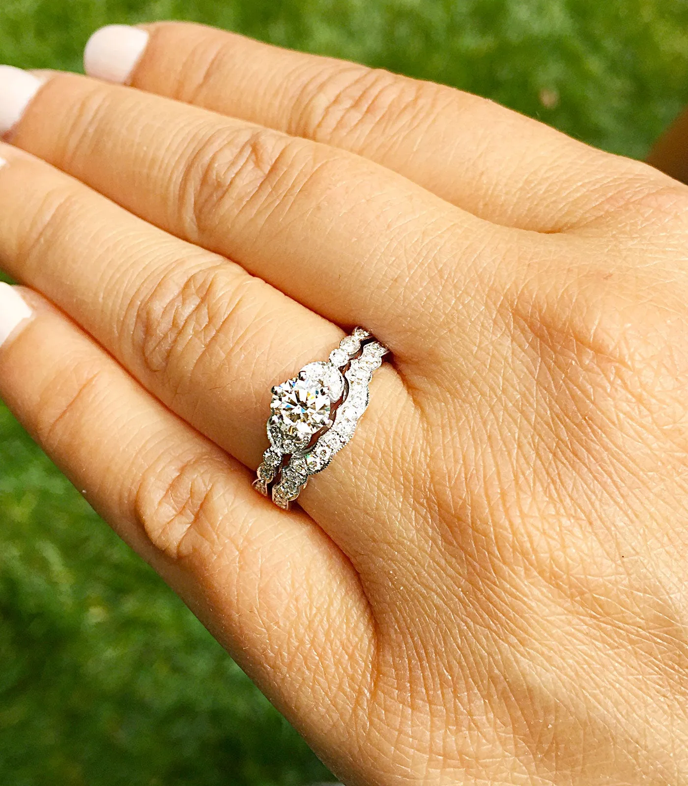 Women's 14k Solid White Gold Round Cut Natural Diamond Engagement Ring And Band, Antique Style, Filigree, Bridal Wedding Set 0.85ctw