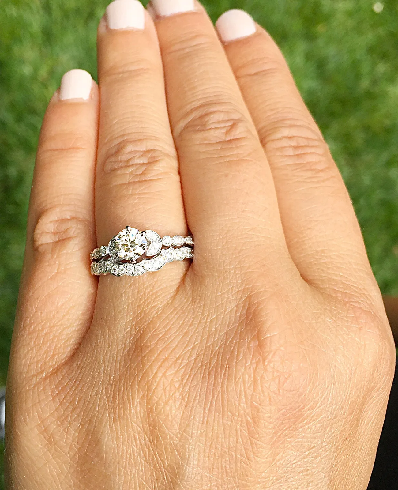 Women's 14k Solid White Gold Round Cut Natural Diamond Engagement Ring And Band, Antique Style, Filigree, Bridal Wedding Set 0.85ctw
